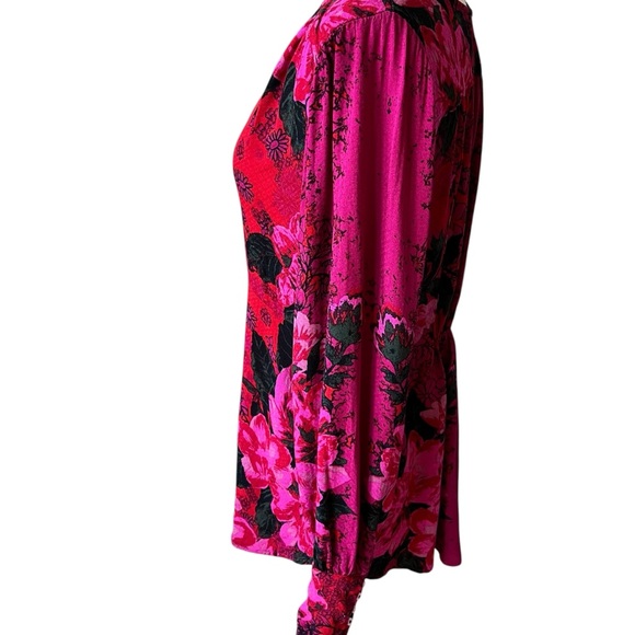 Free People Floral Deep V-Neck Long Sleeve Blouse  Size M Red/Pink Velvet Mix - Picture 9 of 14